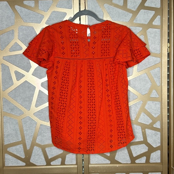 Pleione Blouse Red Orange Geometric Cap Sleeve - Picture 4 of 7